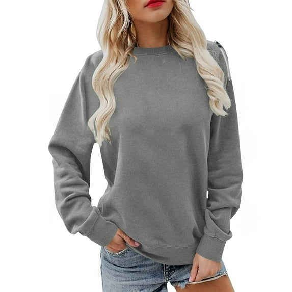 biudgviw Crew Neck Sweatshirts for Women Fall Winter Solid Color Baggy Long Sleeved Tops Casual Shoulder Zipper Pullovers