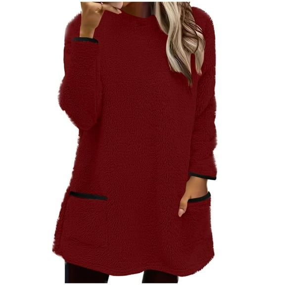 biudgviw Crew Neck Sweatshirts for Women Fleece Fuzzy Sherpa Pullover Shirts Casual Comfy Long Sleeve Warm Tops with Pockets