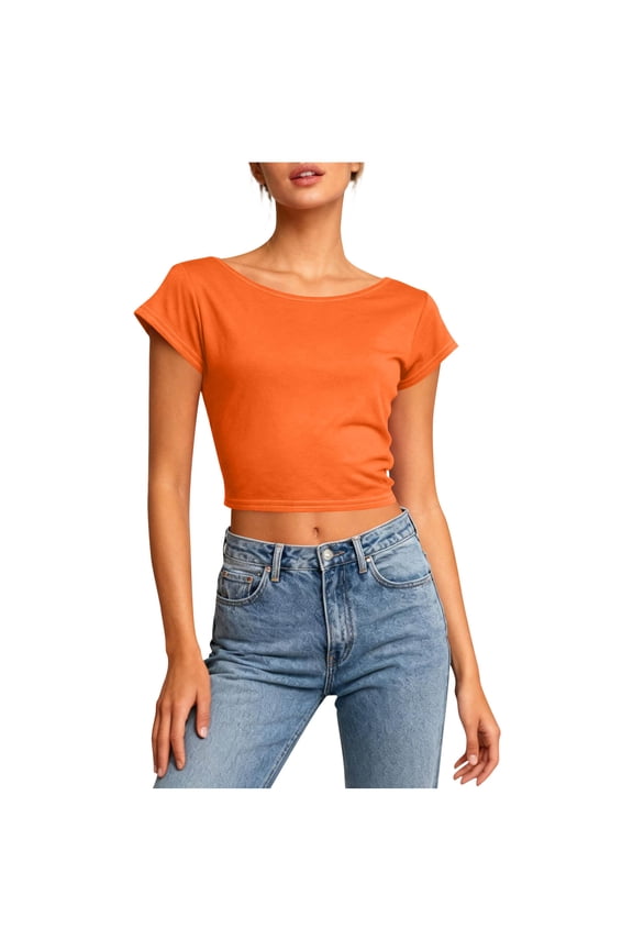Crop Tops for Women Open Back Short Sleeve Shirts Casual Comfy Crewneck Yoga Athletic Running Tees Gym Outfits