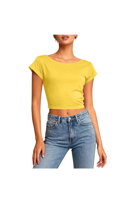 Crop Tops for Women Open Back Short Sleeve Shirts Casual Comfy Crewneck Yoga Athletic Running Tees Gym Outfits