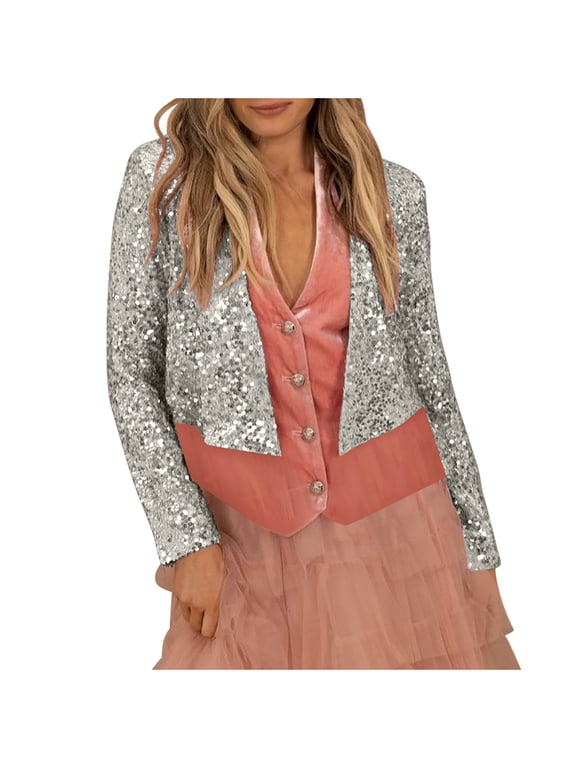 Cropped Cardigan for Women Trendy Sequins Long Sleeve Fall Jackets Comfy Open Front Sparkly Clubwear Coat