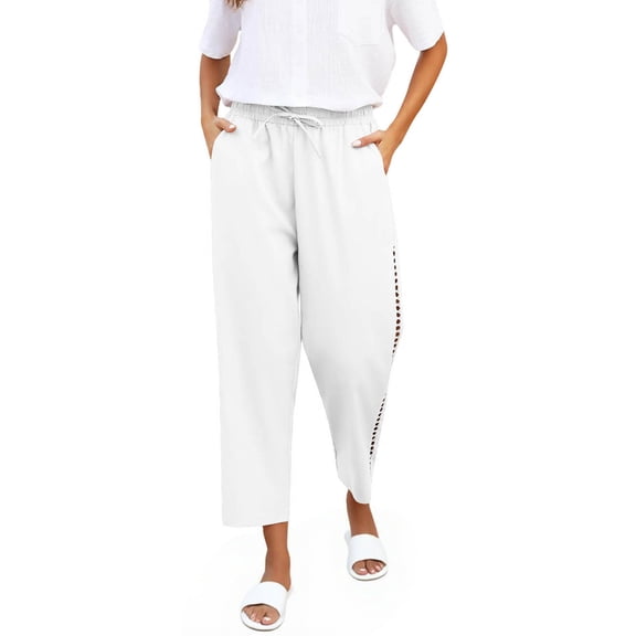 biudgviw Cropped Pants for Women Drawstring Elastic Waist Hollow Side Wide Leg Trousers Lightweight Vacation Casual Pants with Pockets