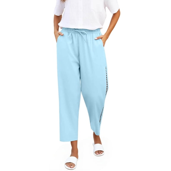 biudgviw Cropped Pants for Women Drawstring Elastic Waist Hollow Side Wide Leg Trousers Lightweight Vacation Casual Pants with Pockets