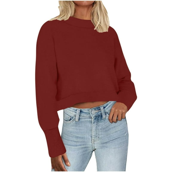 biudgviw Cropped Sweatshirts for Women Crew Neck Fleece Lined Pullover Long Sleeve Cute Crop Tops Going out Fall Clothes