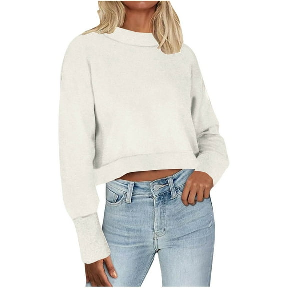 biudgviw Cropped Sweatshirts for Women Crew Neck Fleece Lined Pullover Long Sleeve Cute Crop Tops Going out Fall Clothes