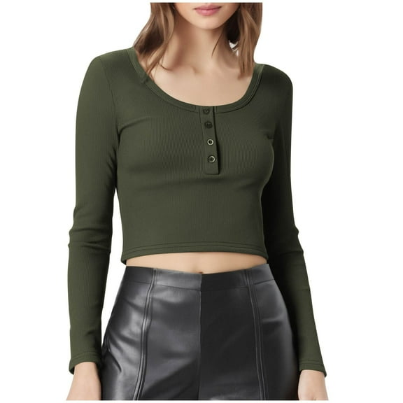 biudgviw Cropped Tops for Women Crew Neck Long Sleeve Casual Shirts Solid Color Ribbed Going out Blouses for Night out Party