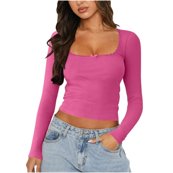 biudgviw Cropped Tops for Women Ribbed U Neck Slim Fit Going out Fall Shirts Long Sleeve Cute Basic Tee for Party Club Night Out