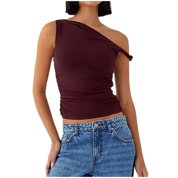 biudgviw Cute Tops for Women One Shoulder Ruched Shirt Sleevless Slim Fit Tee for Party Club Trendy Summer Lightweight Outfits