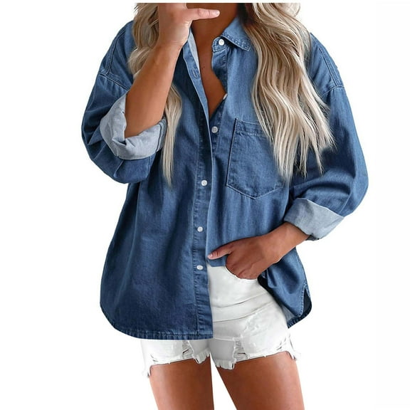 biudgviw Denim Jackets for Women Fall Baggy Collared Long Sleeve Buttons down Shirts Trendy Jeans Outwear with Pockets