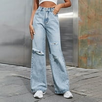 biudgviw Denim Pants for Women Stretchy High Waisted Fall Fashion Pants Loose Straight Leg Jeans with Pockets