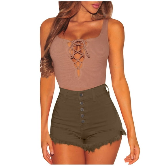biudgviw Denim Shorts for Women High Waisted Button Jean Shorts Fringed Hem Streetwear Hot Pants Summer Shorts with Pockets