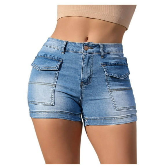 biudgviw Denim Shorts for Women Mid Waisted Stretch Skinny Jean Shorts Summer Casual Shorts with Pockets