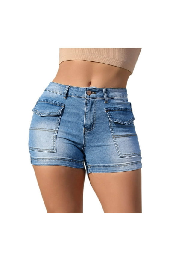 Denim Shorts for Women Mid Waisted Stretch Skinny Jean Shorts Summer Casual Shorts with Pockets