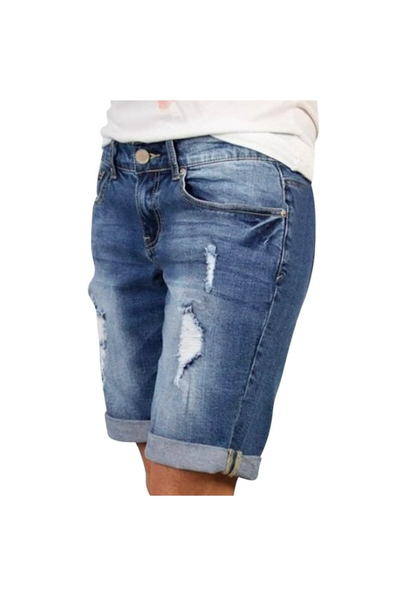 Denim Shorts for Women Ripped Cuffed Hem Bemuda Jean Shorts Summer Casual Knee Length Shorts with Pockets