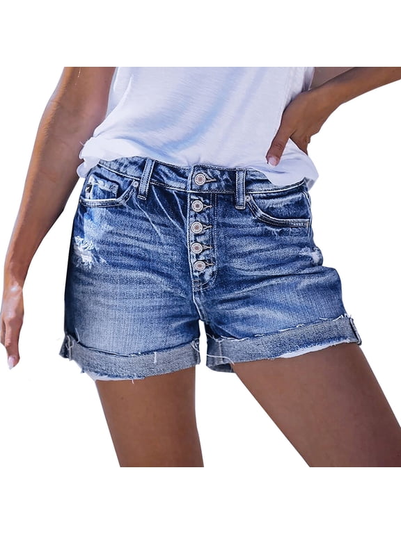 Denim Shorts for Women Ripped Distressed Cuffed Hem Short Jeans Stretch Button Trendy Summer Shorts with Pockets