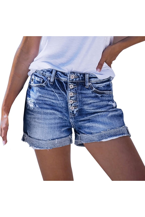 Denim Shorts for Women Ripped Distressed Cuffed Hem Short Jeans Stretch Button Trendy Summer Shorts with Pockets