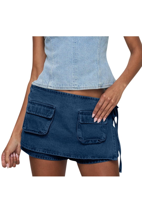 Denim Skorts for Women Vintage Low Waisted Wrap Short Jeans Overlay Side Tie Knot Cargo Shorts with Pockets