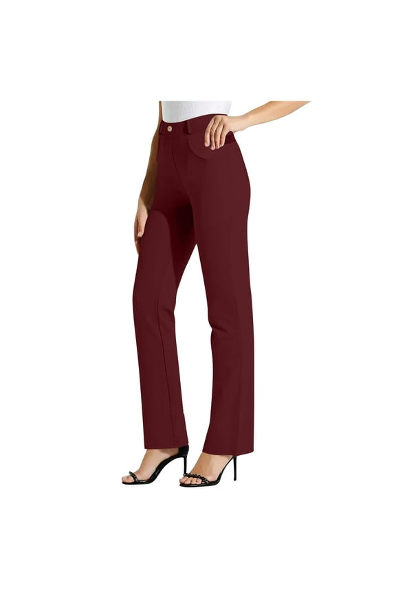 Dress Pants For Women High Waisted Business Office Pants Straight Leg Work Pants Formal Long Pants Trousers with Pockets(Wine,X-Large)