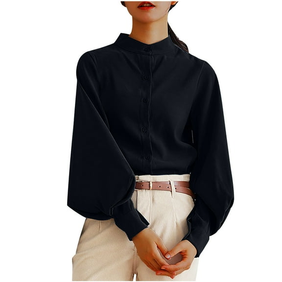 biudgviw Dress Shirts for Women Mock Neck Business Casual Tops Lantern Long Sleeve Button down Work Office Blouses Fall Clothes