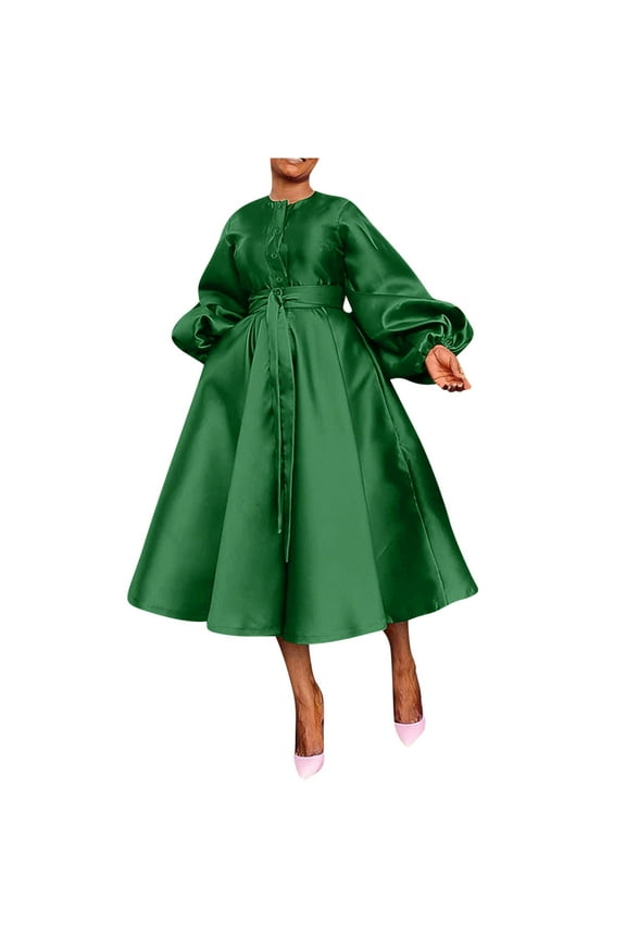 Dresses for Women Fall Elegant Lantern Long Sleeve Belted Maxi Dress Trendy Buttons down Shirts A-Line Dress