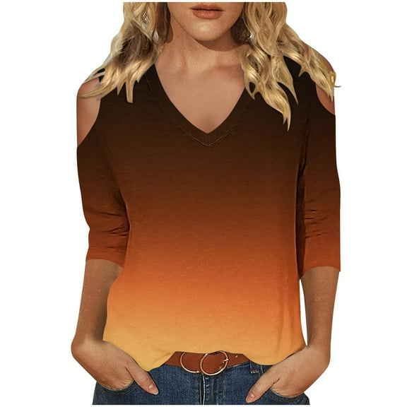 biudgviw Dressy Casual Tops for Women Soft V Neck 3/4 Sleeve Fall Fashion Printed Shirts Slim Cold-Shoulder Going out Blouses
