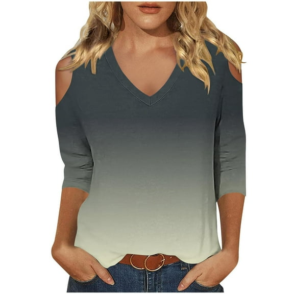 biudgviw Dressy Casual Tops for Women Soft V Neck 3/4 Sleeve Fall Fashion Printed Shirts Slim Cold-Shoulder Going out Blouses