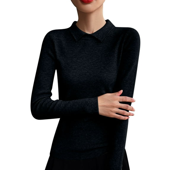 biudgviw Dressy Sweater for Women Turndown Collar Long Sleeve Pullover Tops Solid Color Slim Fit Business Casual Sweater for Work