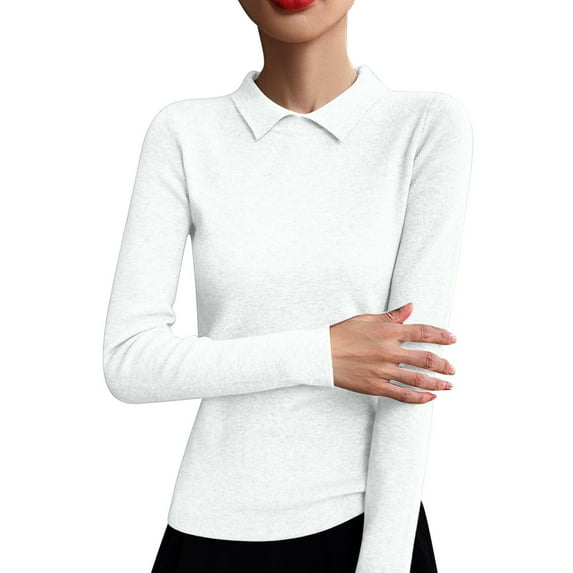 biudgviw Dressy Sweater for Women Turndown Collar Long Sleeve Pullover Tops Solid Color Slim Fit Business Casual Sweater for Work