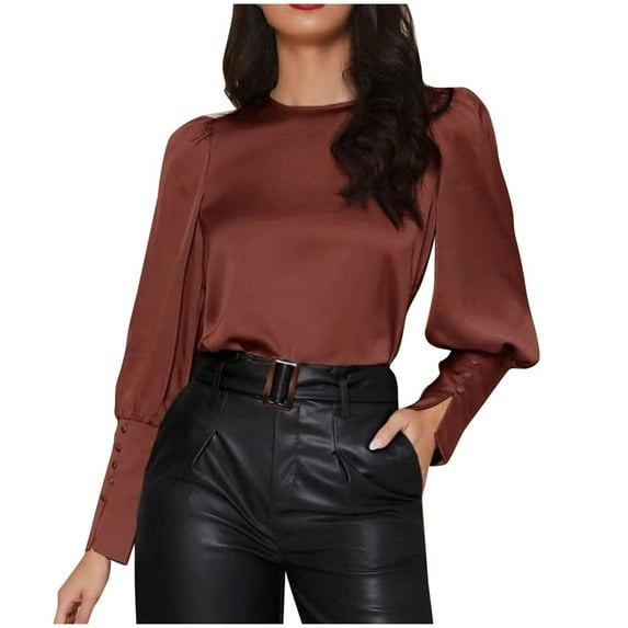 biudgviw Dressy Tops for Women Elegant Lantern Long Sleeve Business Casual Shirts Satin Solid Color Formal Evening Party Blouses