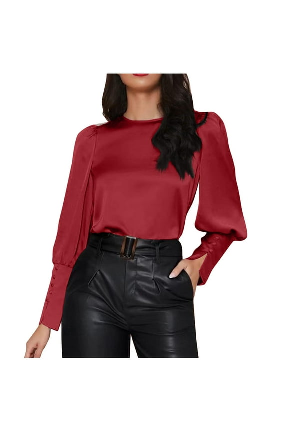 Dressy Tops for Women Elegant Lantern Long Sleeve Business Casual Shirts Satin Solid Color Formal Evening Party Blouses