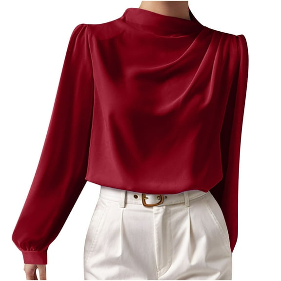 biudgviw Dressy Tops for Women Fall Mock Neck Long Sleeve Chiffon Work Shirts Solid Color Loose Fit Elegant Business Casual Blouses