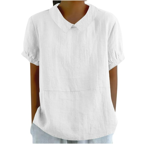 biudgviw Dressy Tops for Women Turndown Collar Shirts Short Sleeve Cotton Linen Tunic Tee Plus Size Pain Cute Summer Clothes