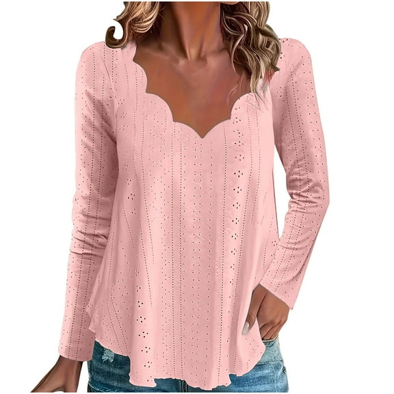 biudgviw Eyelet Shirts for Women Scalloped V Neck Long Sleeve Fall Tops Lace Embroidery Going out Trendy Blouses Tee