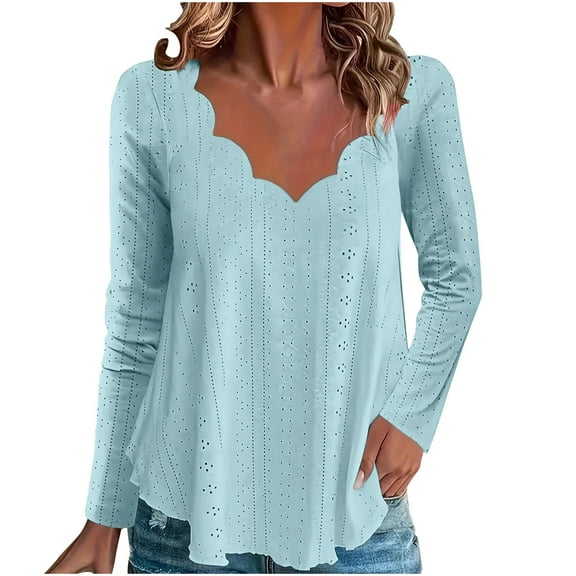 biudgviw Eyelet Shirts for Women Scalloped V Neck Long Sleeve Fall Tops Lace Embroidery Going out Trendy Blouses Tee