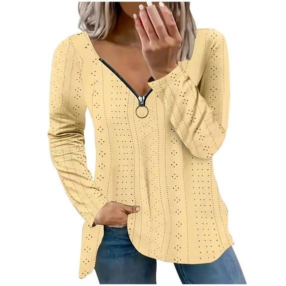 biudgviw Eyelet Tops for Women Plus Size Zipper V Neck Boho Shirts Long Sleeve Lace Embroidery Blouses Trendy Outfits Fall Clothes