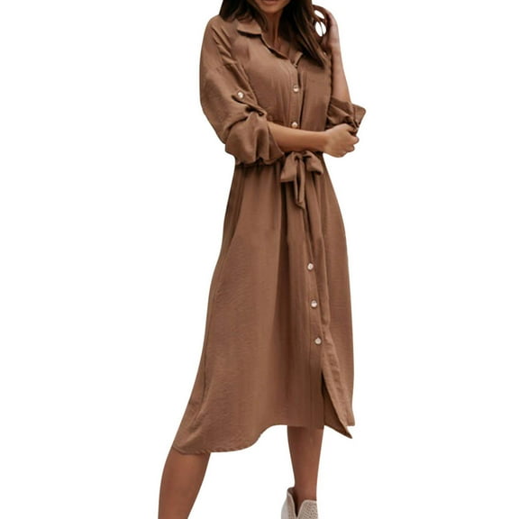 biudgviw Fall Dresses for Women Lounge Long Sleeve Lapel Neck Midi Dress Loose Casual Belted Buttons down Blouses Dress