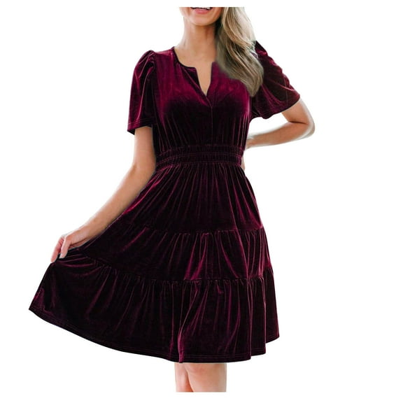 biudgviw Fall Dresses for Women Velvet Elegant V Neck Short Sleeve Mini Dress Comfy Tiered Ruffle Hem Party Dress
