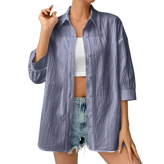 biudgviw Fall Jackets for Women Lightweight 3/4 Sleeves Button up Shirt Coat Casual Trendy Loose Lapel Textured Outwear