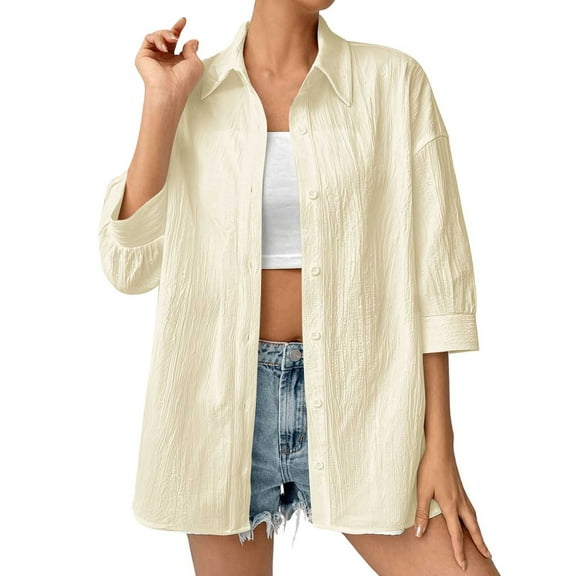 biudgviw Fall Jackets for Women Lightweight 3/4 Sleeves Button up Shirt Coat Casual Trendy Loose Lapel Textured Outwear