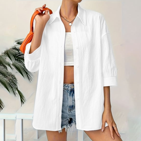 biudgviw Fall Jackets for Women Lightweight 3/4 Sleeves Button up Shirt Coat Casual Trendy Loose Lapel Textured Outwear