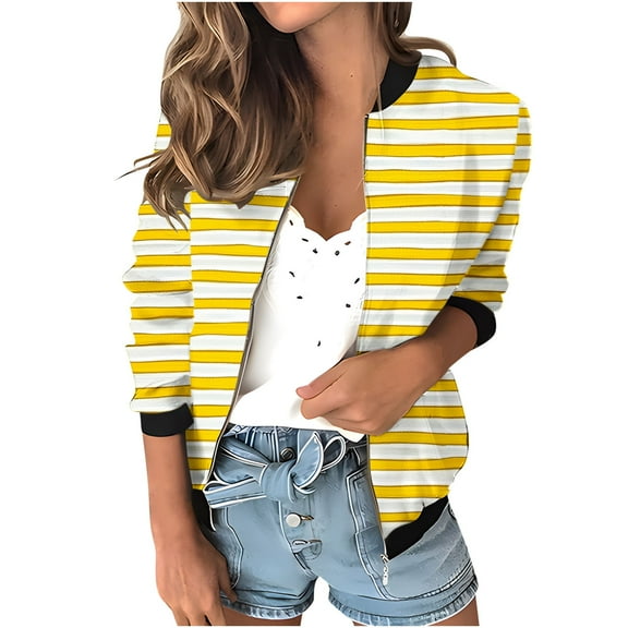 biudgviw Fall Jackets for Women Trendy Long Sleeve Striped Printed Zipped up Tops Fashion Crewneck Hooded Outwear