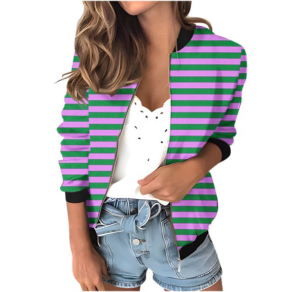 biudgviw Fall Jackets for Women Trendy Long Sleeve Striped Printed Zipped up Tops Fashion Crewneck Hooded Outwear