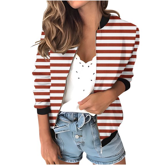 biudgviw Fall Jackets for Women Trendy Long Sleeve Striped Printed Zipped up Tops Fashion Crewneck Hooded Outwear