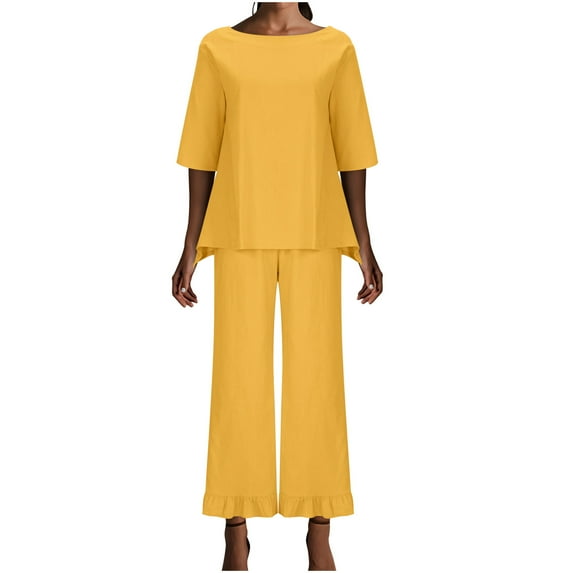 biudgviw Fall Outfits for Women Casual Crewneck Half Sleeve Tunic Shirts Baggy Wide Leg Fashion Ruffle Hem Long Pants Lounge Sets