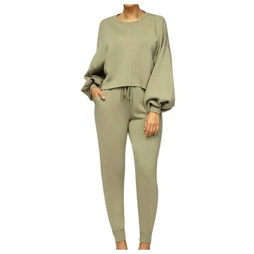 biudgviw Fall Outfits for Women Comfy Bell Long Sleeve Round Neck Sweatshirt Lounge Tapered Pants with Pockets Sets