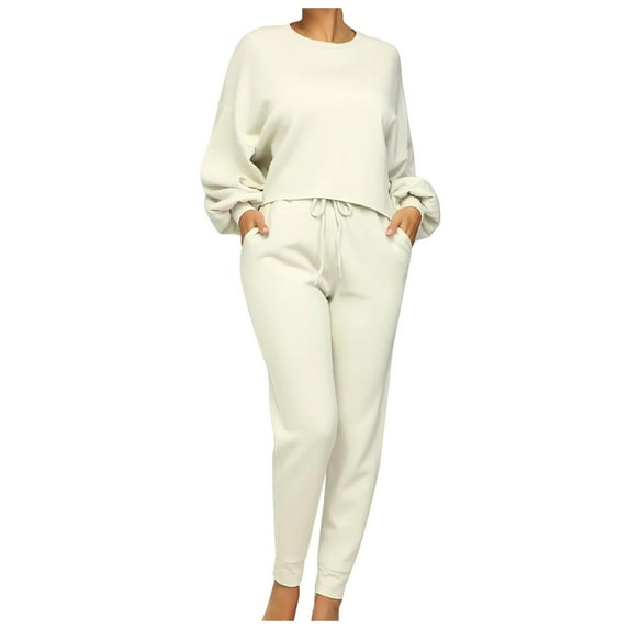 biudgviw Fall Outfits for Women Comfy Bell Long Sleeve Round Neck Sweatshirt Lounge Tapered Pants with Pockets Sets