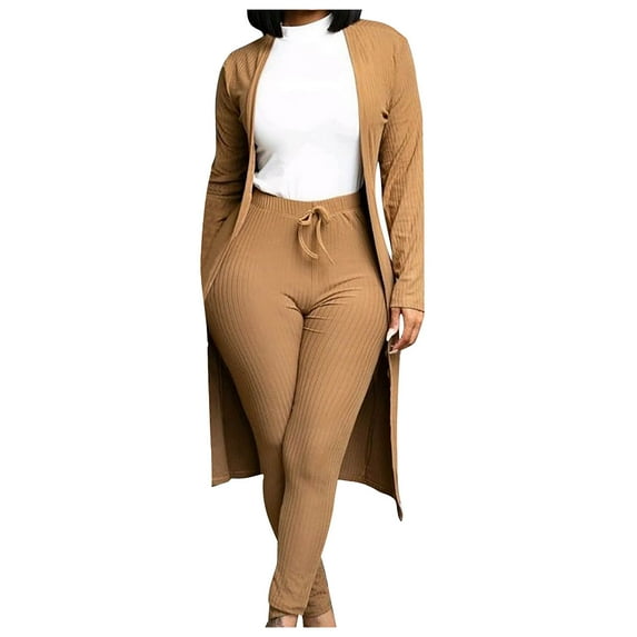 biudgviw Fall Outfits for Women Fashion Front Open Long Sleeve Long Cardigan Slim Ribbed Knit Drawstring Pants Lounge Sets