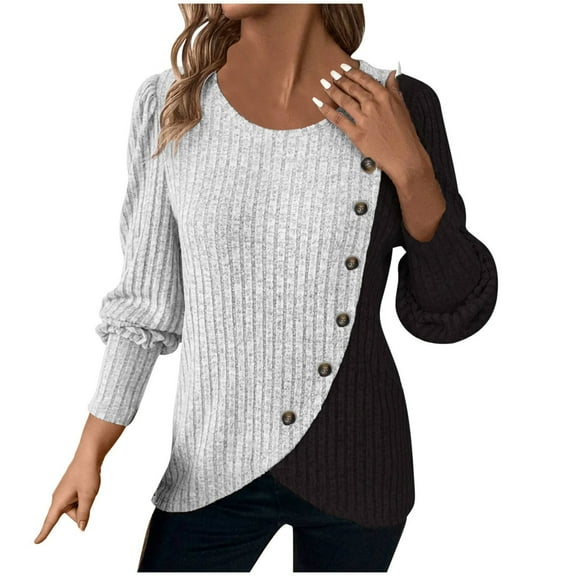biudgviw Fall Sweater for Women Ribbed Color Block Crew Neck Casual Pullover Tops Lantern Long Sleeve Lightweight Tunic Blouses
