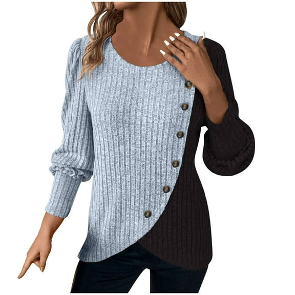 biudgviw Fall Sweater for Women Ribbed Color Block Crew Neck Casual Pullover Tops Lantern Long Sleeve Lightweight Tunic Blouses