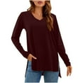 thumbnail image 1 of biudgviw Fall Tops for Women Crew Neck Solid Color Basic Tee Shirts Long Sleeve Comfortable Side Split Trendy Tunic Blouses, 1 of 6